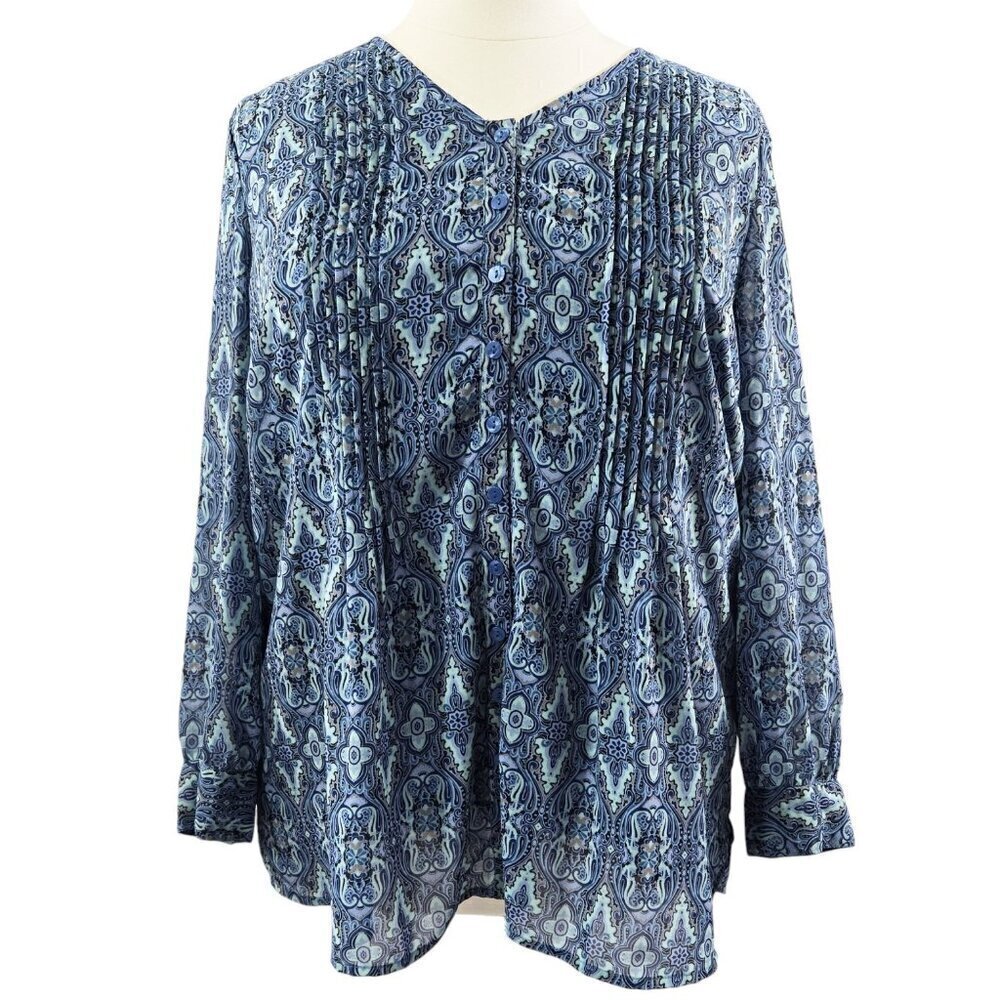 Coldwater Creek Blue Abstract Paisley Pleated V-Neck Blouse Boho Tribal